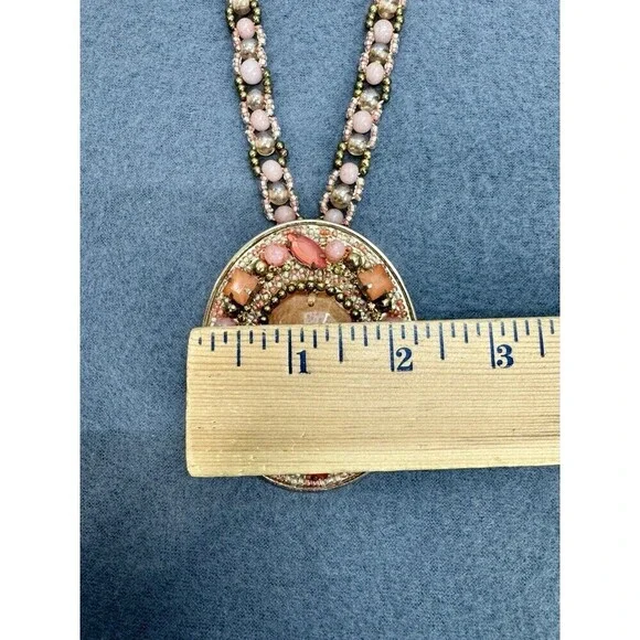 Vintage Chicos Statement Necklace Large Pink Peach Rhinestone Pendant Beaded - Picture 7 of 9